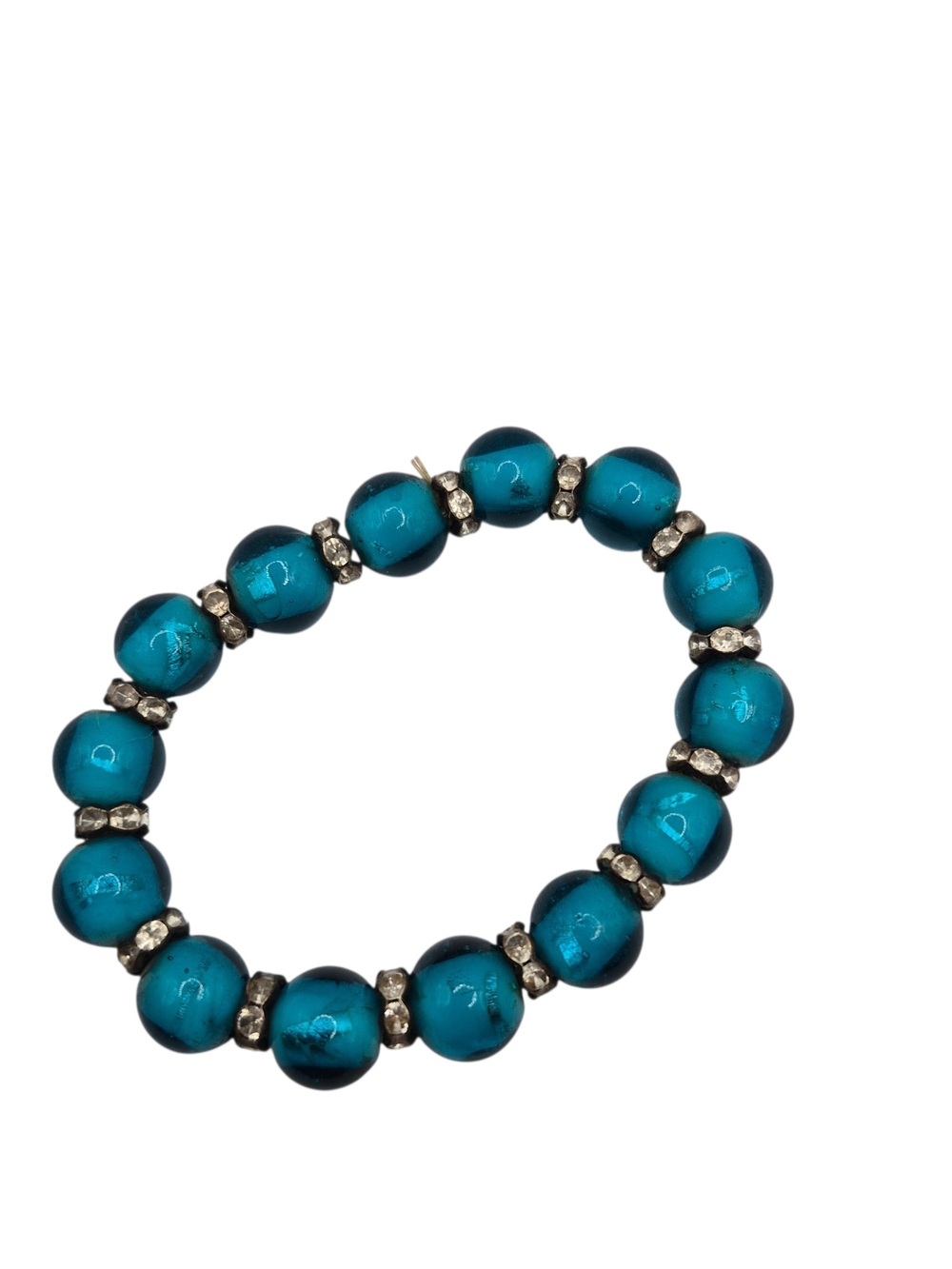 Teal Glass Bead Stretch Bracelet with Silver Accents